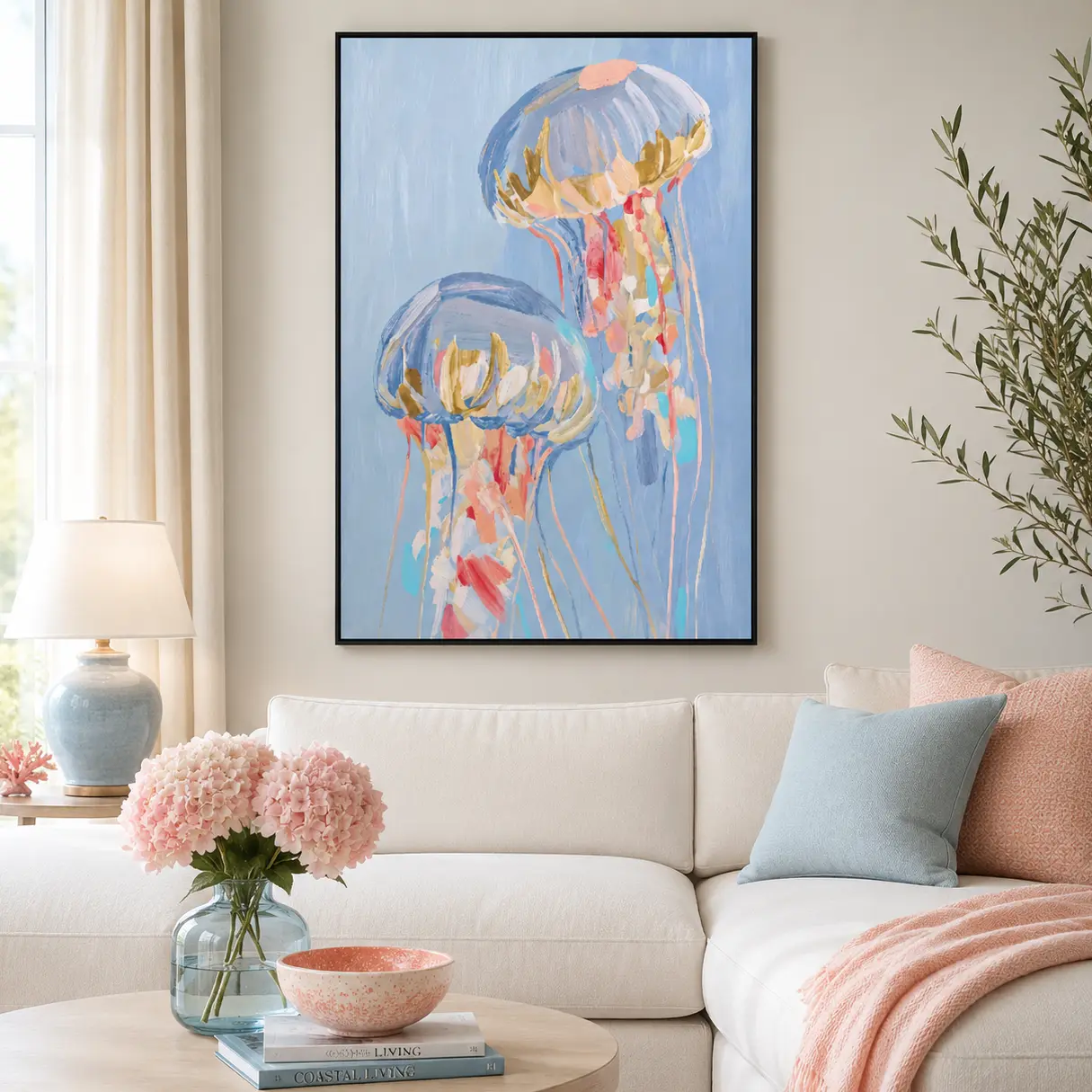 Soft Blue Jellyfish Wall Art Aesthetic Pastel Ocean Painting Picture Decor Impressionist Coastal Marine Graphic Display Bathroom Living Room Gift