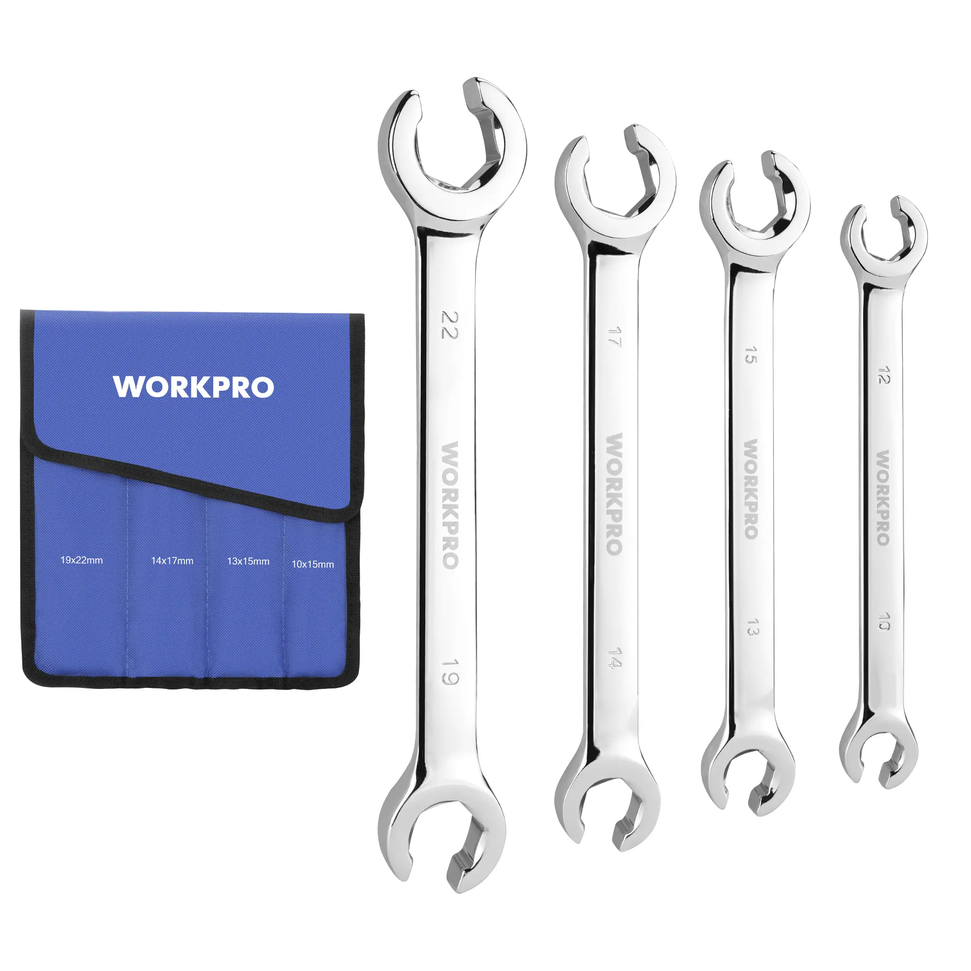 #Summersales WORKPRO 4-Pack Flare Nut Wrench Set, Brake Line Wrenches, Cr-V Steel, 15° Offset Head Tubing Wrench, Organizer Pouch Included