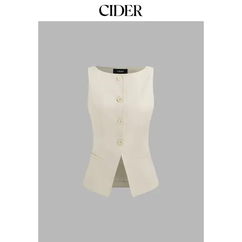 Cider Women's Casual Woven Boat Neck Solid Button Vest, S-M Sizes, Polyamide-Elastane Blend