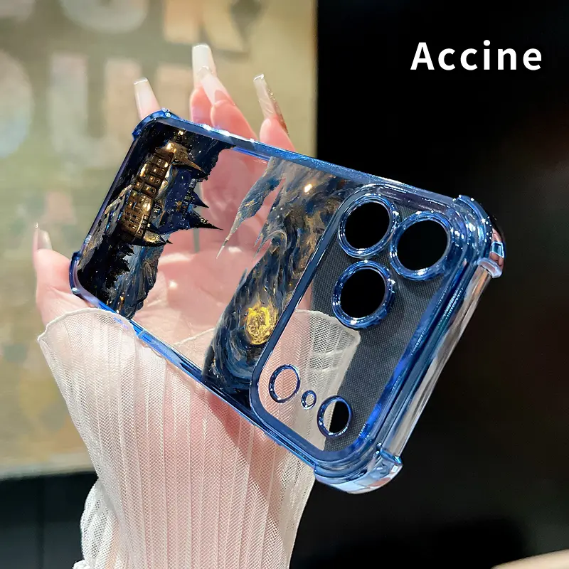 Transparent Electroplated Night-Themed Smartphone Case - 4-Corner Shockproof Cellphone Cover with Raised Edges, Handheld Devices Accessory for iPhone 17,16 Pro Max,15 Plus,14 Pro,14,13,12,11,E,Air