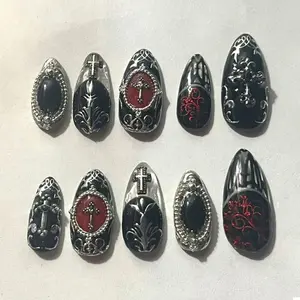 Gothic Cross Press On Nails | 3D Silver Cross, Red Black Frame, Filigree Art | Nails For Dark Fantasy Vibe