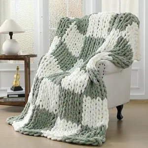 Checkered Chunky Knit Throw Blanket for Couch 50 x 60 Inches Neutral Modern Decor  Hand Knitted Cozy Soft Large Rope Knot Crochet Blankets for Sofa Bed Living Room ( and Sage Green)