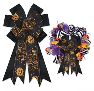Large Halloween Bows for Wreath, Black Velvet Wreath Bows Halloween Orange Glitter Pimpkin Bat Star Bows for Front Door, Black Burlap Ornament Tree Topper Bows for Halloween Indoor Outdoor Decor Decoration Gift