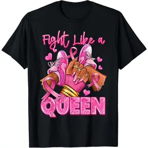 Women's Cotton Printed Afro Queen Breast Cancer Survivor Pink Ribbon T-Shirt - Round Neck, Short-Sleeve, Unisex Streetwear Top, Crew Neck Tee