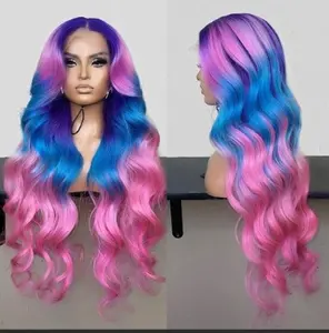 30" Customized 100% Human Hair Wig - Multi-Color Blue - Pink - Purple