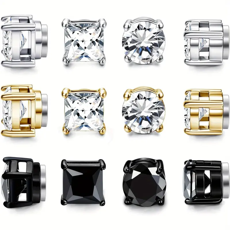 6mm 6 Pairs Stainless Steel Magnetic Stud Earrings for Men CZ Magnet Earrings Set Hypoallergenic Non-Piercing Clip on Earrings Fake Earrings Jewelry