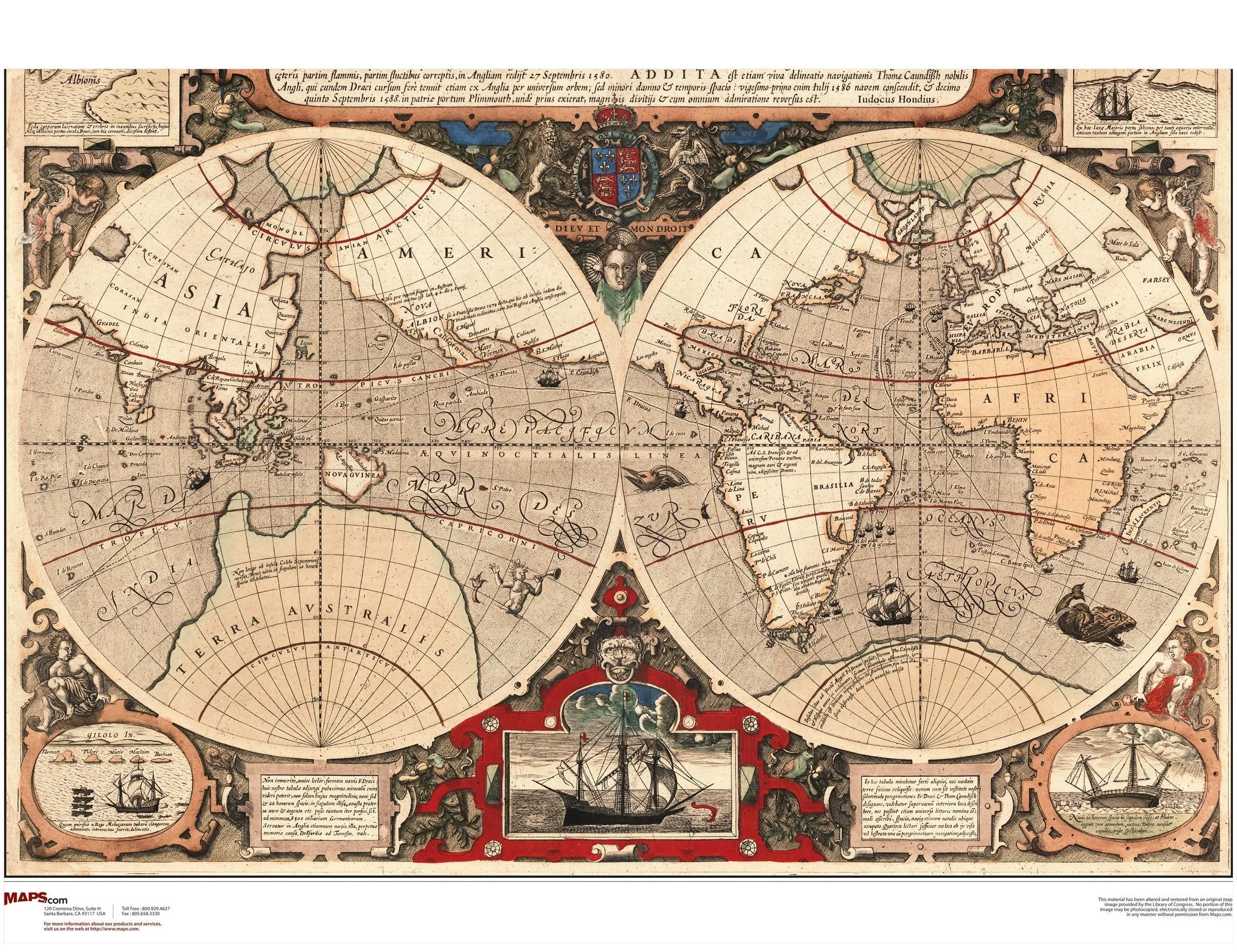 World Antique Wall Map 1595 - Historical Map of the World