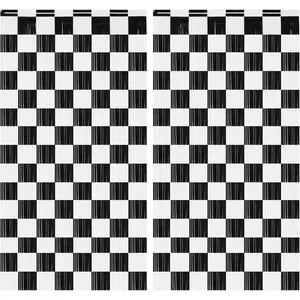 2 count Race  Foil Fringe Curtains 3.28x6.56 Ft, Black and White Checkered Party Backdrop Streamers Decorations, Photo Booth Props