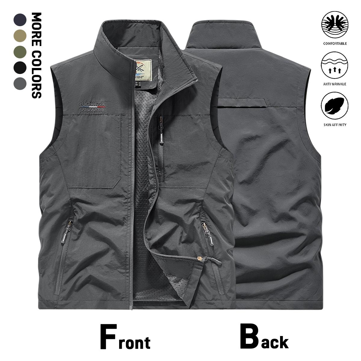 Men’s outdoor sleeveless vest, lightweight quick-dry zip-up stand collar cargo vest with multiple zippered pockets, casual vest for fishing, photography, and travel