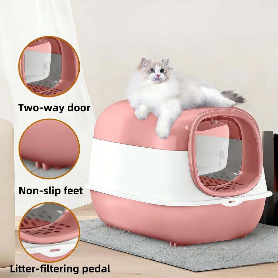 No-Mess Hooded Enclosed Cat Litter Box with Odor Control and, Standard, Multicolor, Extra Large Enclosed Cat Box with Litter Scoop - Gray/Pink
