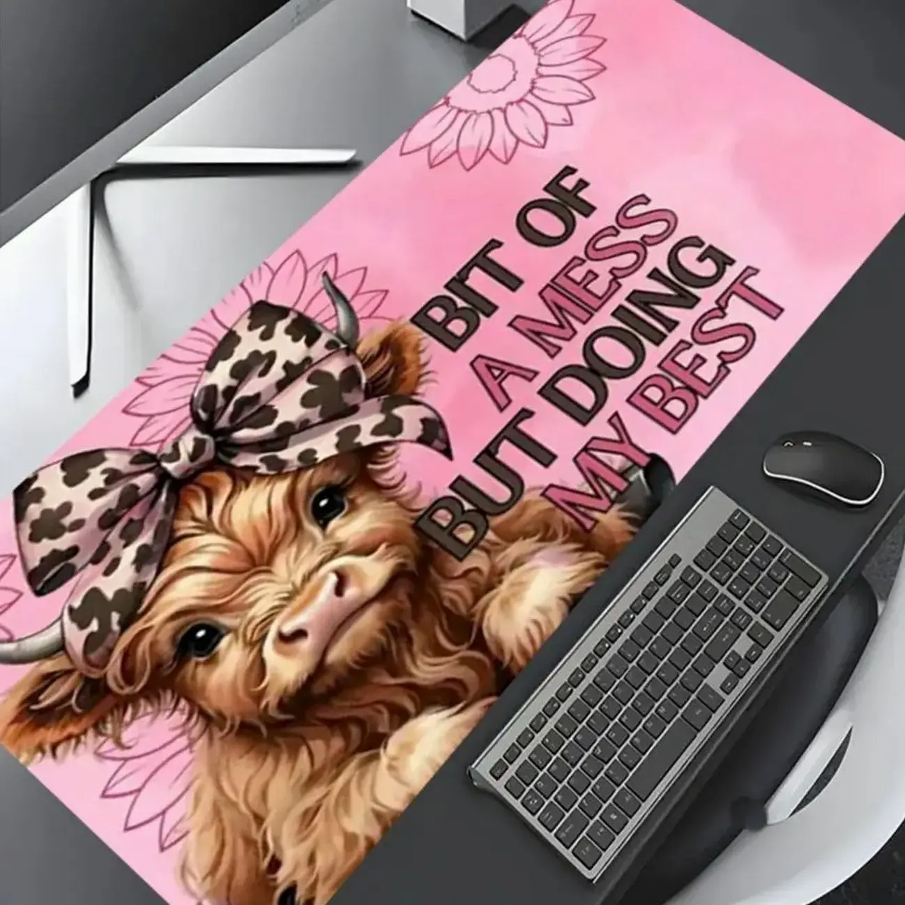 Bow Pink Leopard Large Gaming Mouse Pad, Desktop Decoration Pad, Desktop Accessory, Computer Accessories For Desk, Rubber Pad Non-slip Lock Edge Work Pad, Mousepad Suitable For Laptop, Desktop Games, Work, Gift For Boys Girls