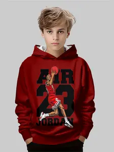 Boys Bottom Air Jordan 23 Hoodie, Casual Fitted Sweatshirt with Large Letter Embroidery, Fall & Winter Fashion