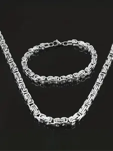 Men's Stainless Steel Chain Bracelet & Necklace Set, Byzantine Style Edgy Design Punk Jewelry, All Seasons Accessory, No Choking Hazard