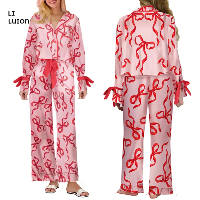 Women Valentine's Pajamas Bow Print Lape Long Sleeve Button Down Tops and Drawstring Pants Sleepwear