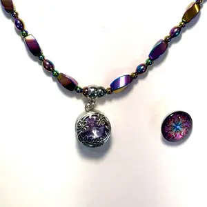 Multi-colored Magnetic Hematite Necklace with Amethyst Pendant for Pain Relief and Stress Reduction