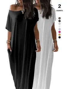 Women's Solid Color Batwing Sleeve Lounge Dress, Casual Comfy Short Sleeve Nightdress, Ladies Sleepwear for All Seasons
