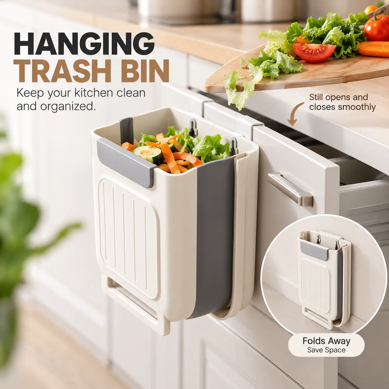 Foldable Hanging Trash Can for Kitchen, Wall-Mounted Collapsible Garbage Bin, Space-Saving Cabinet Door Waste Basket for Kitchen, Bedroom, Office & Bathroom