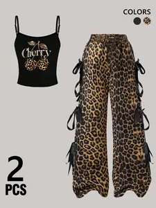 🔥TikTok Viral 2-Piece Leopard Cherry Cami & Wide-Leg Pants Set Y2K Aesthetic with Side Ribbon Ties, Trendy Streetwear for Women | Available in White/Black/Grey | Perfect for Festival, Party & Daily Outfits | Shop Now for Bold Fashion Statement!