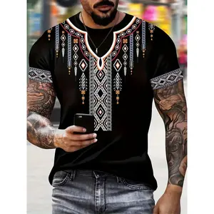 Men's Ethnic Style Creative Geometric Digital Print Short Sleeve Round Neck T-Shirt, Casual Streetwear Fitted Summer Outdoor Holiday Tee