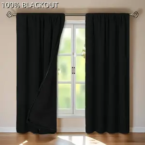 1pc 100% Blackout Rod Pocket Curtains with Black Liner, 2 Panels, Thermal Insulated & Noise Reducing Drapes for Bedroom & Living Room, Blackout Window Cover