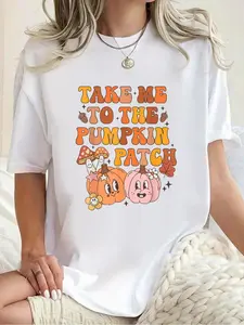 100% Cotton Autumn Fall Thanksgiving Take Me To The Pumpkin Patch Groovy T-Shirt Print Round Neck Short Sleeve Streetwear Fashion Breathable Homme Soft Unisex Designer Clothes For Women Casual Clothes