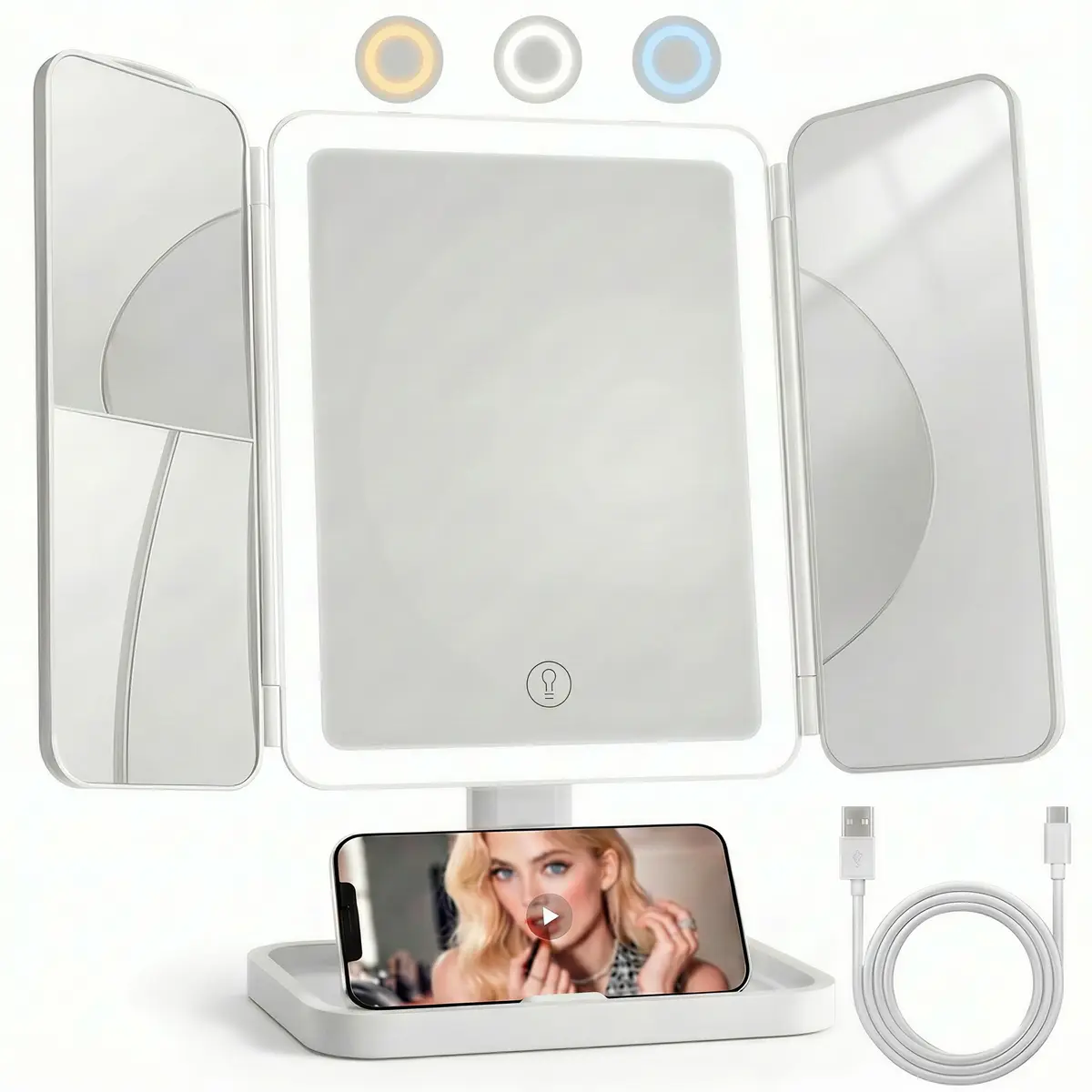 Elegant Height-Adjustable Trifold Tabletop Mirror with Seamless Light Strip, 1X/2X/3X Magnification, 4800mAh Rechargeable Battery, Dimmable 3-Color Lighting, Women's Gift