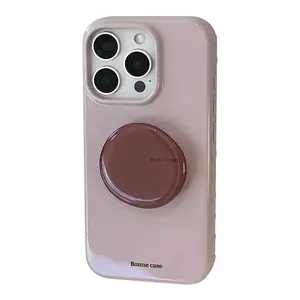 For iphone 17Promax Elegant Pink Glossy Phone Case with Pop Socket, Protective Cover for iPhone 16/15/14/13 Casing