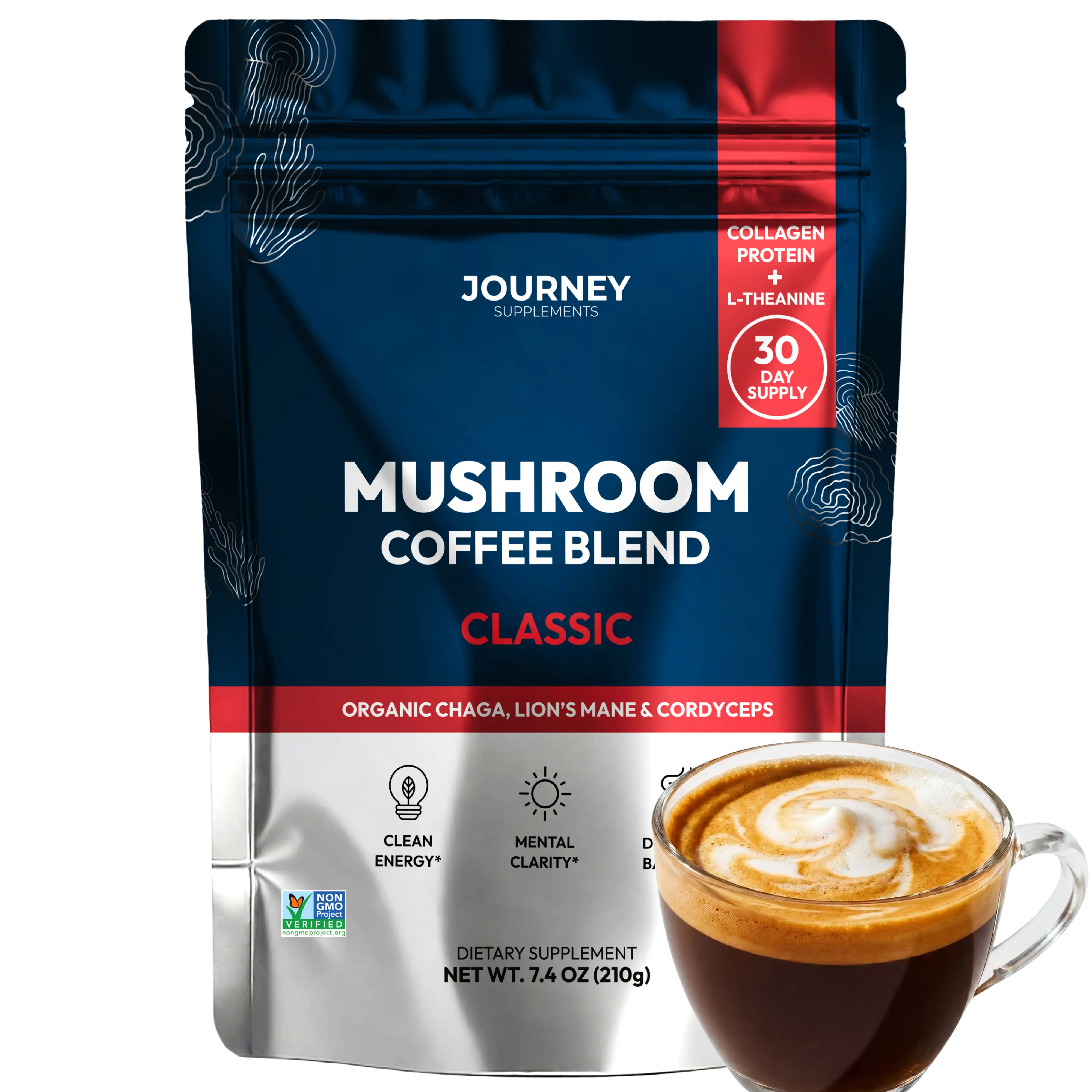Mushroom Coffee with Collagen - Classic Blend – Adaptogenic Instant Coffee for Energy, Focus, & Mental Clarity – Enhanced with Lion’s Mane, Chaga, Cordyceps & L-Theanine (30 Servings)