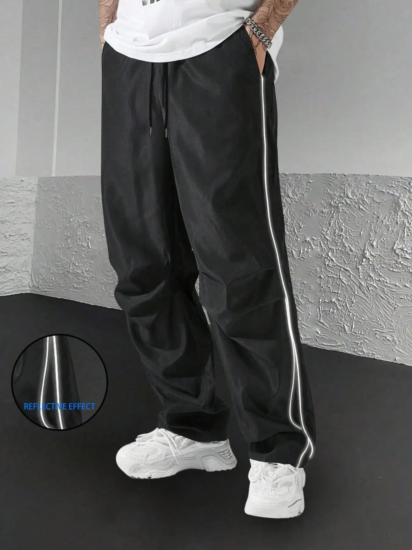 Men's Reflective Tape Drawstring Waist Pants, Street Fashion Casual Pocket Trousers for Daily Wear, Men's Bottoms for All Seasons