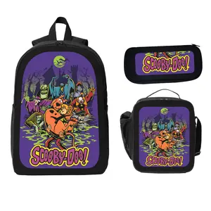 Scooby-Doo Theme School Bag Three-Piece Set - Student Backpack Pencil Case and Lunch Bag Bundle with Classic Mystery Show Art