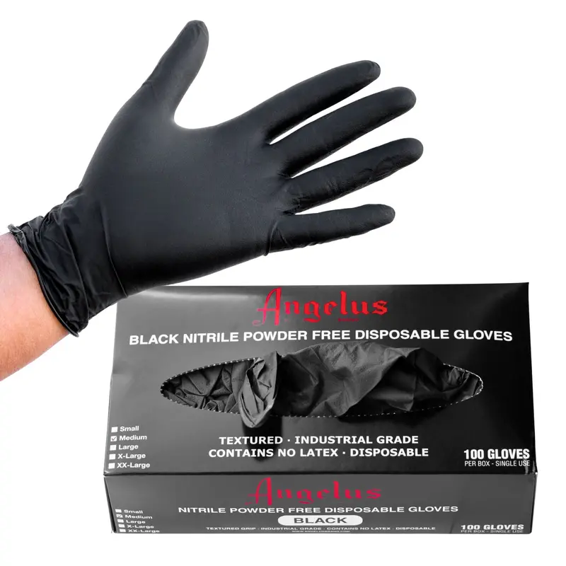 Angelus Black Nitrile All-Disposable Protective Cleaning Gloves - 6 Mil, 100 Pcs Pack, Industrial Grade, Heavy-Duty, Liquid Tight, Nitrile Coated, Durable, Non-Slip Textured Grip, Chemical Resistant, Powder-Free, Sizing Chart Available for Car Detailing,