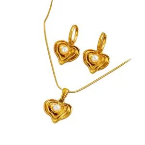 Plated Retro Love Franshaped Stainless Steel Earrings Necklace Set with Snake Bones Chain and Love Water Drops Bells Hearts