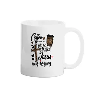 Funny "Coffee Gets Me Started Jesus Keeps Me Going" Coffee Mug, Christian Faith Quote with Leopard Print Cross & Coffee Cup Graphic, Religious Gift, Coffee Lover Gift, 11oz White Ceramic Tea Cup