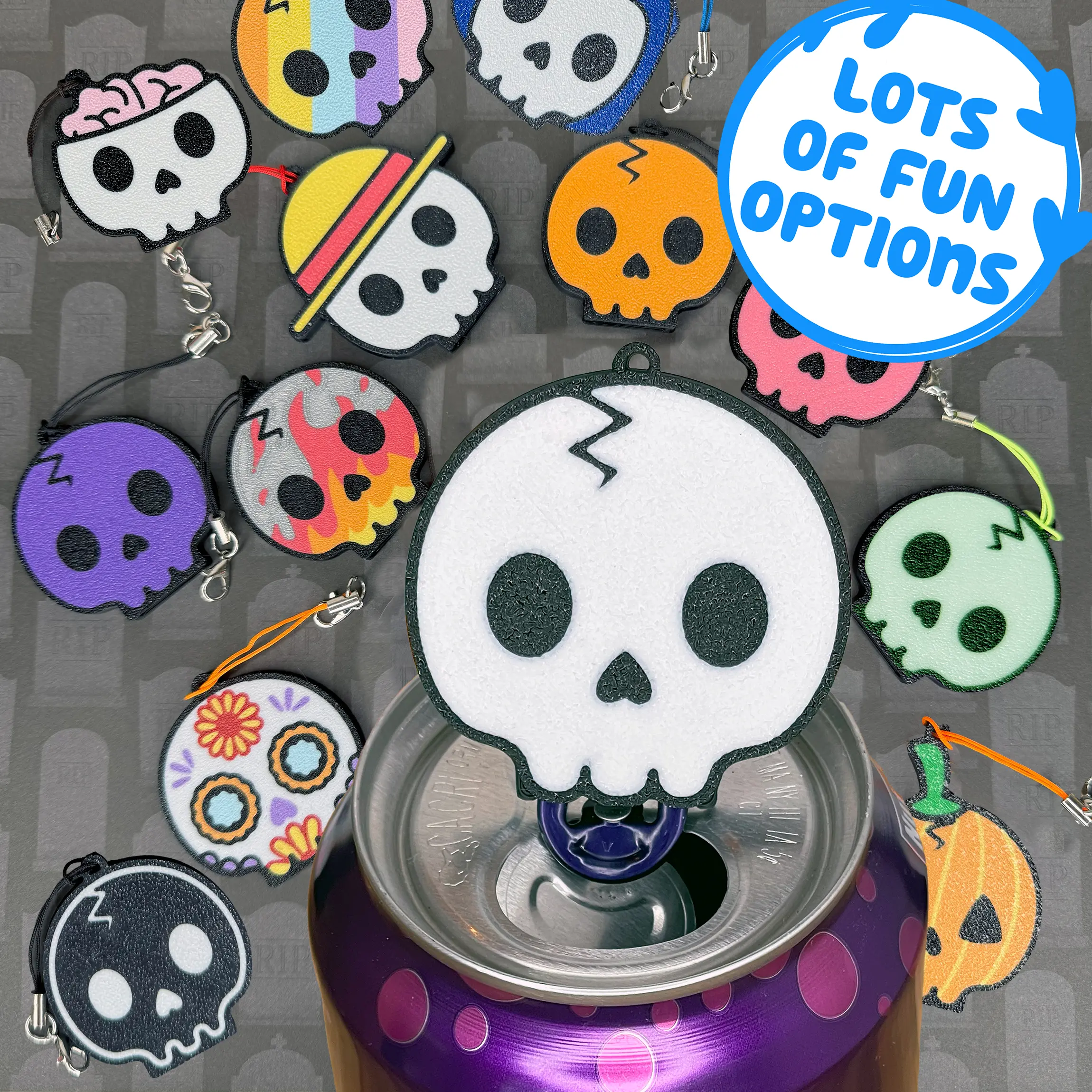 Tab Buddies Cute Skull Can Tab Opener with Keychain Strap - Fall Lovers Halloween Trick or Treat Toy Swag - 3D Printed PLA Portable Accessibility Kitchen Utensils Autumn Spooky