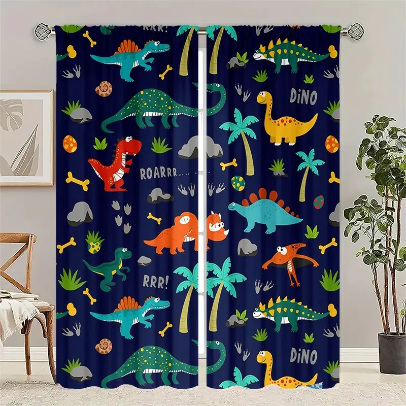 2-piece set - Cartoon dinosaurs - Embroidered semi-transparent curtains, Curtain For Windows, rod bag curtains, suitable for living room, bedroom and home decoration, machine washable, hookless
