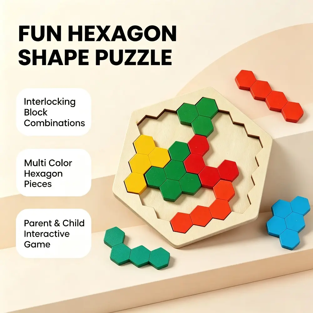 1pc Wooden Hexagonal Children's Puzzle Toy - Multi-Color Building Blocks, Brain-Teasing Logical Thinking Training Game, Parent-Child Interactive Tabletop Stress Relief Toy