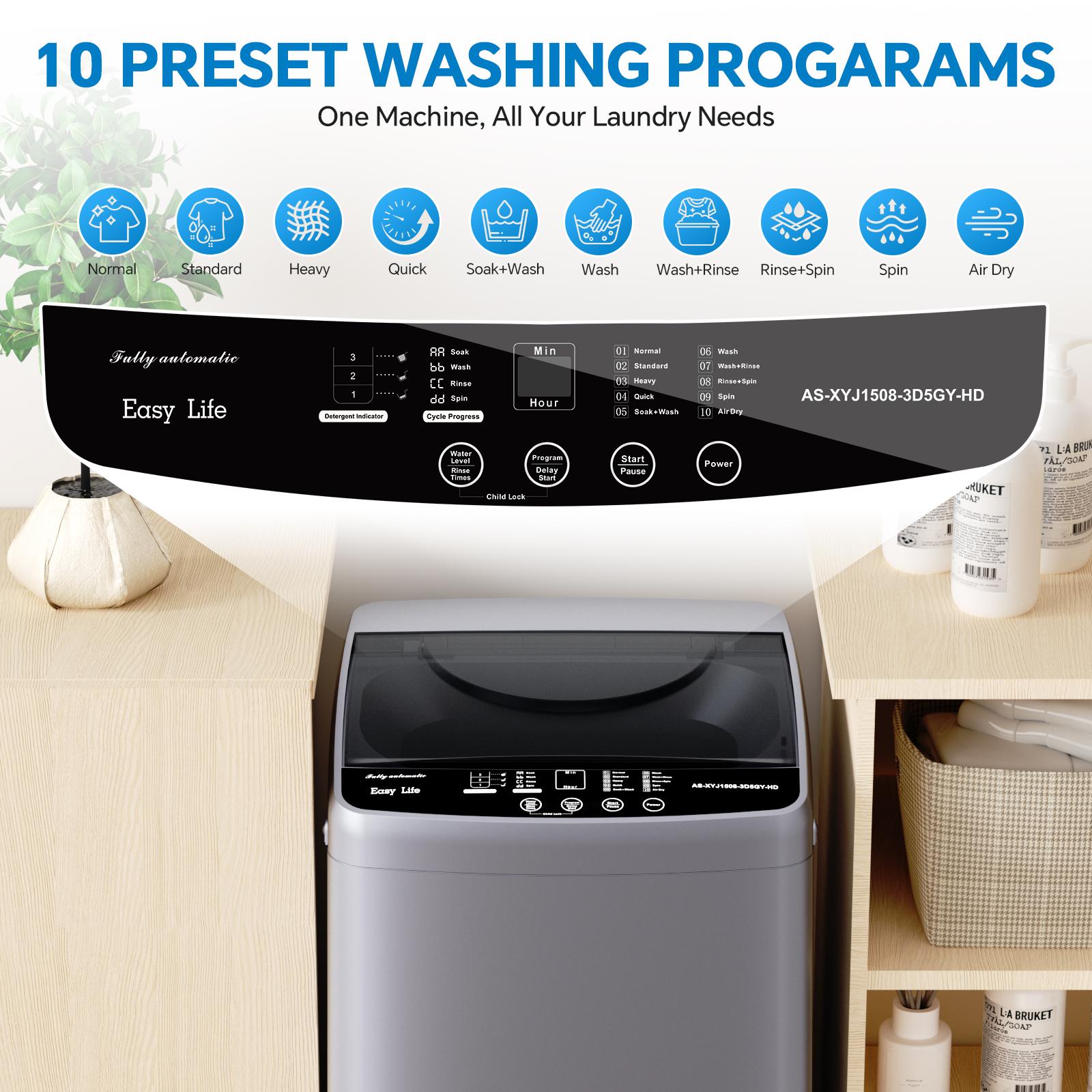 Washing Machine Portable Compact 7.7lbs Capacity Full-Automatic W/Drain Pump,10 programs 10 Water Level 1.34 Cu.ft Cloth Washer and Spinner Portable washing machine, 7.7 pounds, fully automatic compact model, stainless steel tub, 10 washing modes