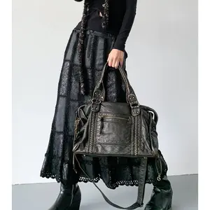 Autumn New Fashion Retro Faux Leather Soft Handbag, Punk Style Y2K Large Capacity Multi-Pocket Shoulder Bag, Suitable for Dates, Street Shopping, Casual Daily Use,F025 Pu Tote Satchel