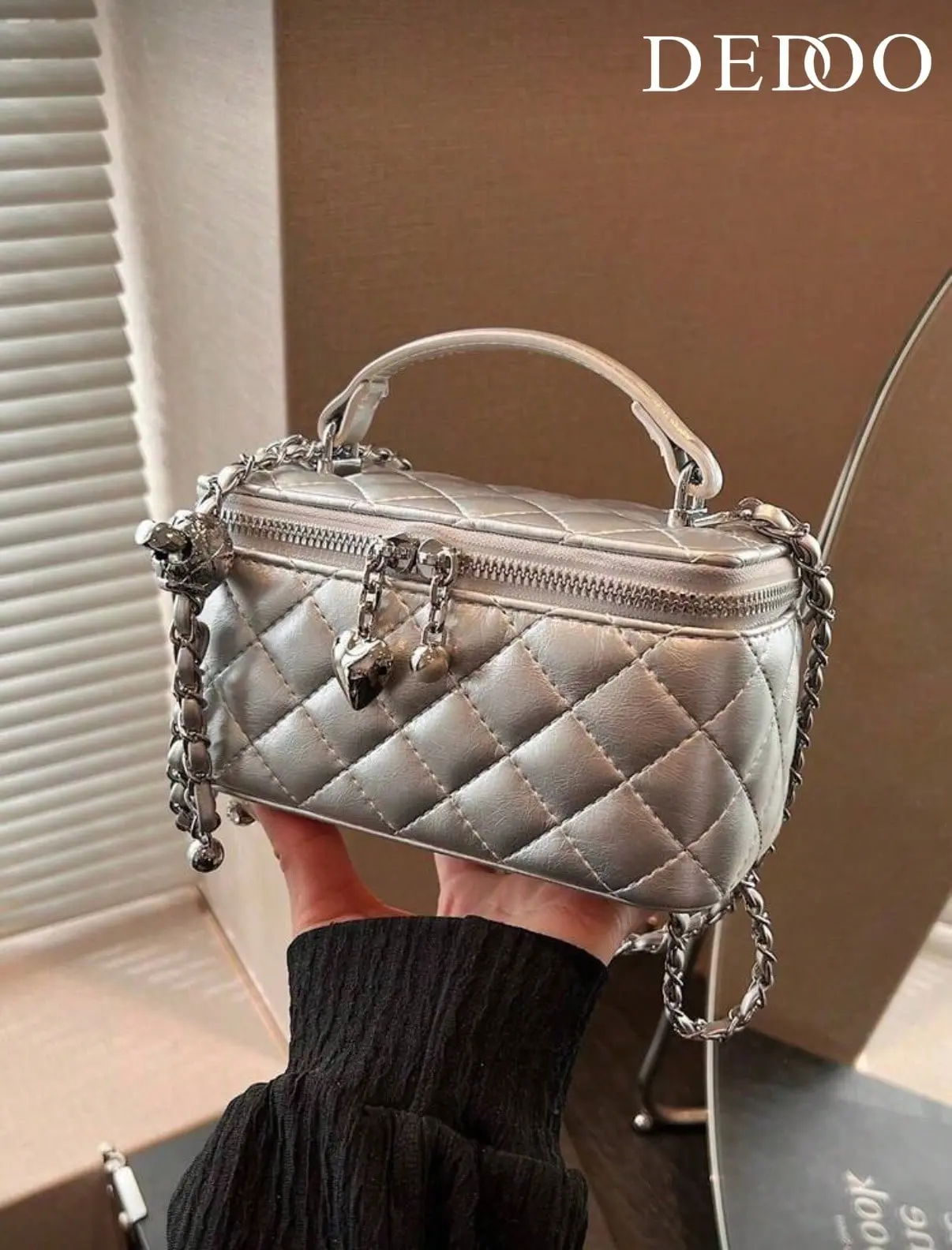 Women's Metallic Silver Quilted Mini Box Handbag - Diamond Stitching, Chain Crossbody, Heart Hardware Charm, Compact Top Handle Shoulder Bags for Everyday Use