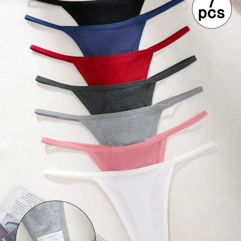 7pcs Women's Underwear Everyday Plain Striped Thong Panties Set, Drop Waist Design, Low Waist, Slim-Fitting, Breathable Lightweight Undies, All Seasons, Seven Colors Available, Gift Idea