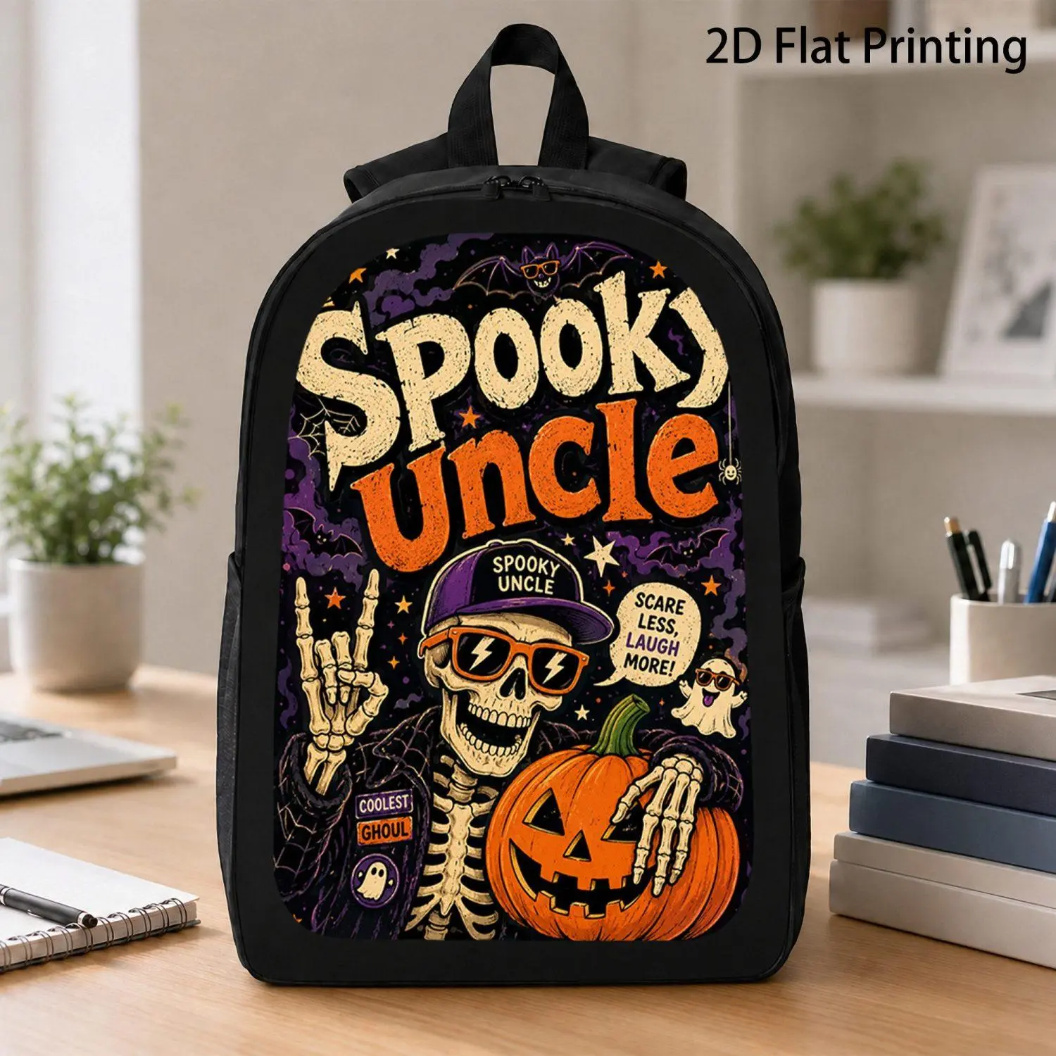 [17 Inch Backpack] 1pc Spooky Uncle Cool Skeleton Sunglasses Pumpkin Ghost Retro Distressed Halloween Print Backpack Trending Fall Spooky Season Backpack For Outdoor And Everyday Use