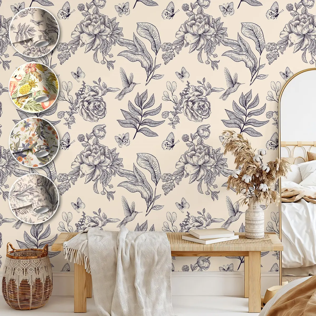 Off- Base Hand-Painted Floral and Bird Wallpaper, Self-Adhesive Waterproof Floral Wallpaper for Bedroom and Vintage Decor, Removable and Durable Wall Sticker, Decorative Wallpaper, Peel and stick wallpaper designs