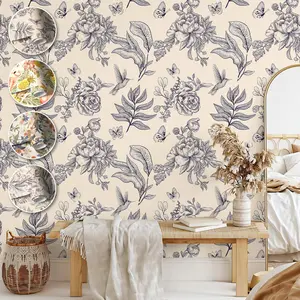 Off- Base Hand-Painted Floral and Bird Wallpaper, Self-Adhesive Waterproof Floral Wallpaper for Bedroom and Vintage Decor, Removable and Durable Wall Sticker, Decorative Wallpaper