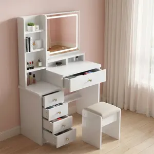 Makeup Vanity Desk with Mirror and Lights, Makeup TableWith storage shelves and 5 Sliding Drawers,3 LightingColor Adjustable, Modern Dressing Table, White