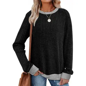 Womens Tops Long Sleeve Shirts Lightweight Sweaters Loose Fit Crewneck Color Block Fall Fashion Outfits