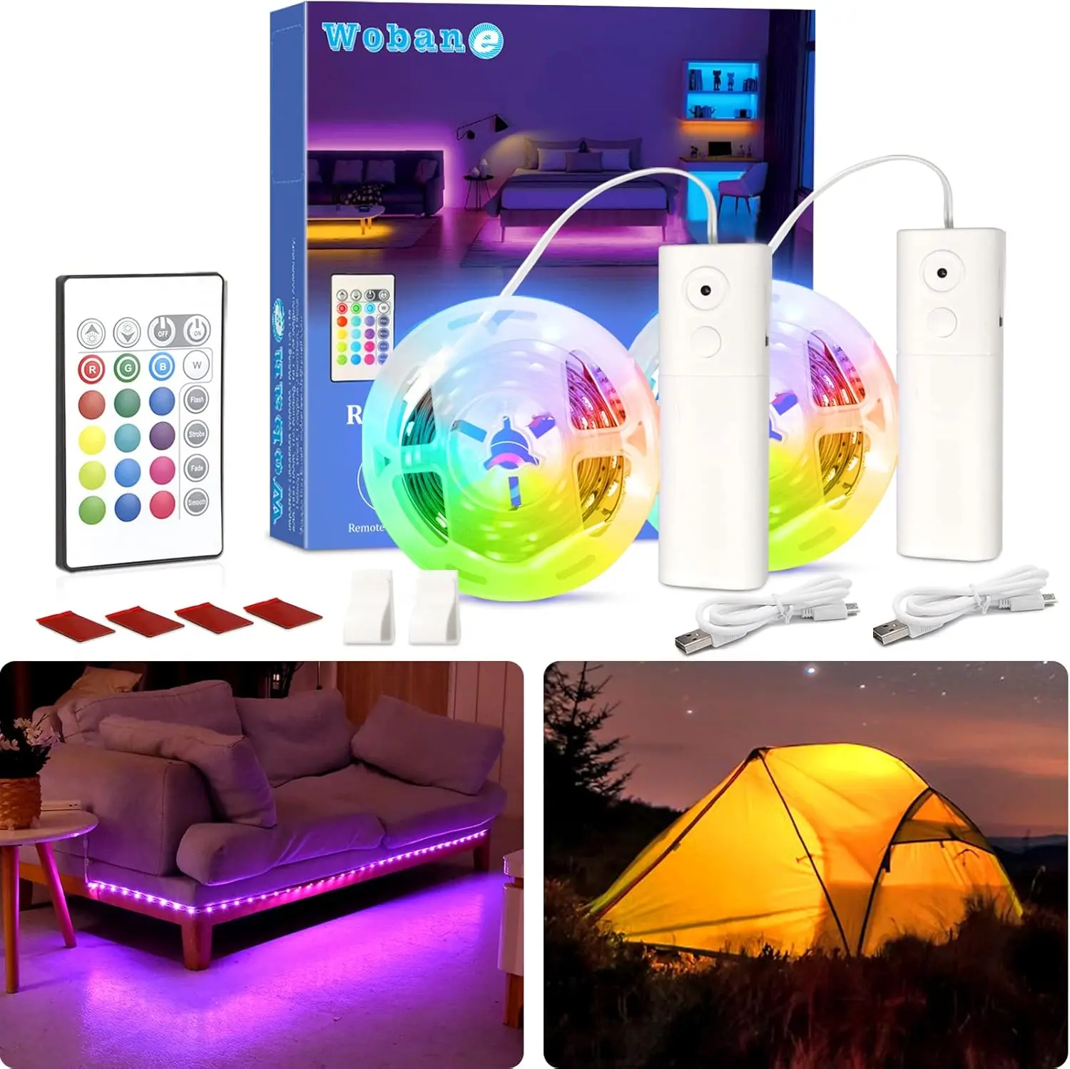 2PCS Rechargeable LED Strip Lights,Dimmable RGB Rope Lighting with Remote,Battery Operated Color Changing Light for Party,Shelf,Sofa,Desk,Game,Holiday,Indoor Decoration,2000mAH