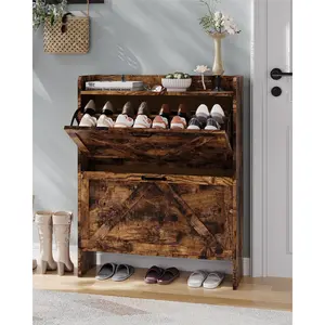 Garvee Narrow Shoe Rack with 2 Flip-Top Drawers, Independent Hidden Organizer for Entryway and Living Room, Rustic Color, Dimensions 80×24×102 cm