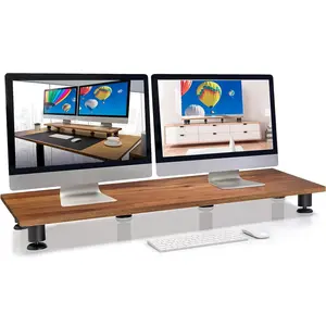 Large Dual  Riser for 2 -   Hardwood Acacia Computer - Laptop TV Stand with Storage for Desk Accessories - Organizer Television