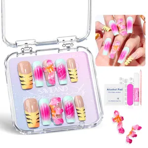 SAVILAND 3D Flower Press-On Nails Kit: Handmade Tropical Jungle Fake Nails with Nail Tool Kit, Adhesive Tabs & Nail Glue, Long-Lasting Wear, UV-Free DIY Manicure (Size M/S)