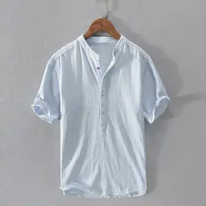 Men's solid color simple cotton and linen short-sleeved shirt casual T-shirt loose fashion summer